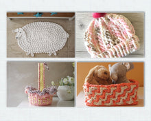 Load image into Gallery viewer, baby crochet pattern bundle with crochet lamb rug crochet baby beanie crochet easter basket and crochet basket
