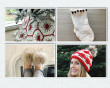 Load image into Gallery viewer, crochet pattern bundle with christmas tree skirt stocking slippers and hat