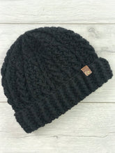 Load image into Gallery viewer, black textured crochet beanie with brim