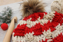 Load image into Gallery viewer, red christmas crochet beanie with furry pom pom and big wooden hook