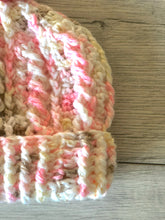 Load image into Gallery viewer, textured pink crochet beanie with a brim