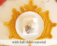Load image into Gallery viewer, yellow crochet maple leaf with plate on top