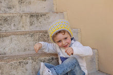 Load image into Gallery viewer, little boy smiling wearing yellow and gray beanie