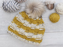 Load image into Gallery viewer, Yellow and white textured beanie with pinecones