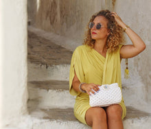 Load image into Gallery viewer, girl with yellow dress sitting on antique steps holding white bag