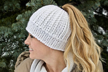 Load image into Gallery viewer, girl looking to the side wearing a white beanie with a long ponytail