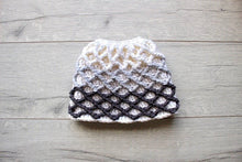 Load image into Gallery viewer, textured crochet messy bun hat with gray stitches