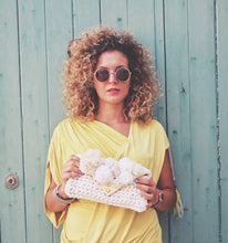 Load image into Gallery viewer, girl with yellow dress and sunglasses holding pom pom bag