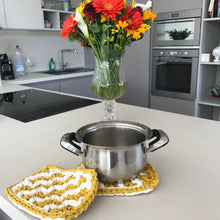 Load image into Gallery viewer, yellow and white potholders in modern gray kitchen