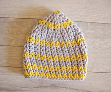 Load image into Gallery viewer, slouchy yellow and gray v stitch beanie