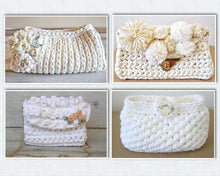 Load image into Gallery viewer, four white crochet bags made with tshirt yarn for a boho wedding