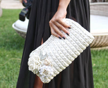 Load image into Gallery viewer, girl with black dress and black nail polish holding white crochet clutch