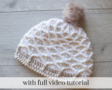Load image into Gallery viewer, crochet diamond stitch beanie with furry pom pom