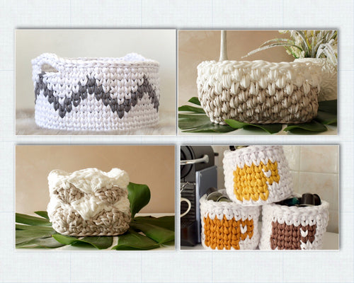 four crochet baskets with chunky tshirt yarn