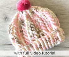 Load image into Gallery viewer, pink baby crochet hat with pink pom pom
