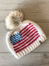 Load image into Gallery viewer, American flag knit hat with furry pom pom
