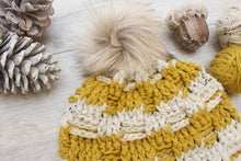Load image into Gallery viewer, close up of yellow crochet beanie 
