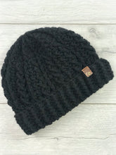 Load image into Gallery viewer, black textured crochet beanie with brim

