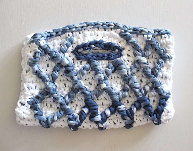 blue and white crochet purse with handle