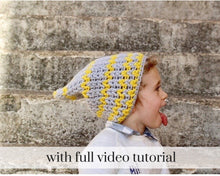 Load image into Gallery viewer, little boy sticking out tongue with yellow and gray slouchy beanie
