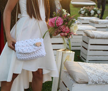 Load image into Gallery viewer, flower girl with a gold strap white crochet purse

