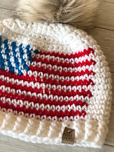 Load image into Gallery viewer, hat with Stars and Stripes and furry pom pom
