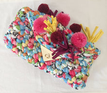 Load image into Gallery viewer, colorful crochet pom pom clutch 
