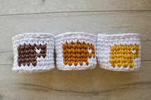 Load image into Gallery viewer, three little crochet baskets with autumn colors
