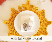 Load image into Gallery viewer, yellow crochet maple leaf with plate on top
