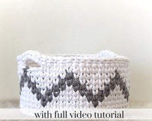 Load image into Gallery viewer, white and gray chevron crochet basket

