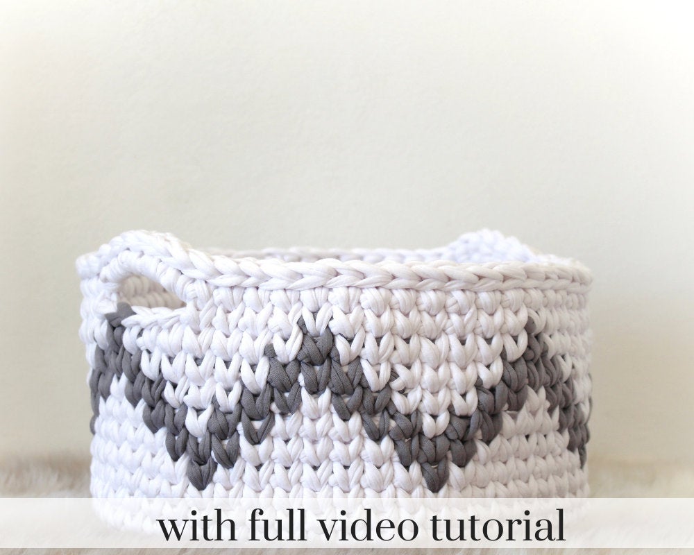 white and gray chevron crochet basket