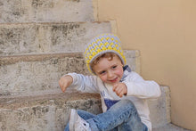 Load image into Gallery viewer, little boy smiling wearing yellow and gray beanie

