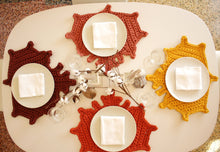 Load image into Gallery viewer, crochet maple leaf placemats in autumn colors
