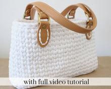 Load image into Gallery viewer, white crochet bag with brown leather straps
