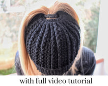Load image into Gallery viewer, Black ribbed messy bun beanie 
