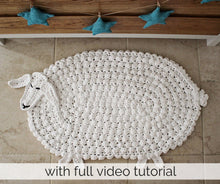 Load image into Gallery viewer, crochet lamb rug with blue stars
