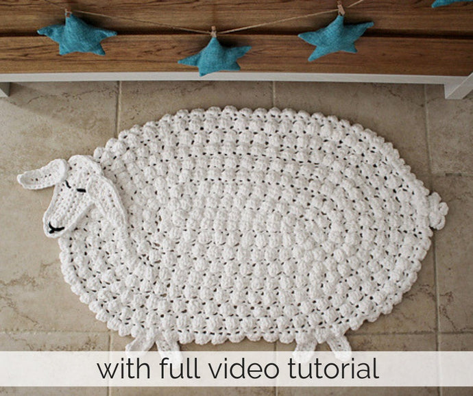 crochet lamb rug with blue stars