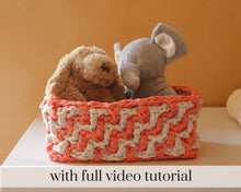 Load image into Gallery viewer, Pink crochet zig zag basket with stuffed animals inside
