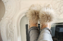Load image into Gallery viewer, slippers with furry pom poms against the fireplace
