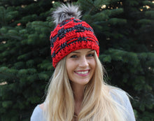 Load image into Gallery viewer, girl with long blonde hair smiling wearing red beanie
