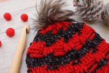 Load image into Gallery viewer, red and black crochet beanie with furry pom pom

