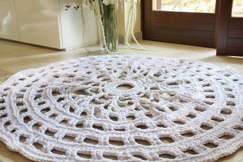 big round white crochet rug