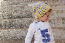 Load image into Gallery viewer, toddler wearing gray and yellow beanie looking down
