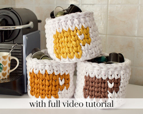 three stacked crochet coffee baskets next to Nespresso machine
