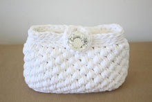 Load image into Gallery viewer, white textured crochet bag with jewel loop closure
