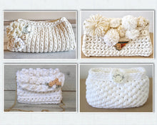 Load image into Gallery viewer, four white crochet bags made with tshirt yarn for a boho wedding
