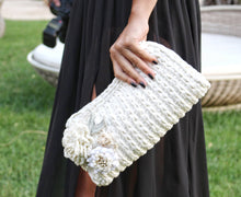 Load image into Gallery viewer, girl with black dress and black nail polish holding white crochet clutch
