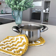 Load image into Gallery viewer, gray kitchen with yellow hot pads next to a pot
